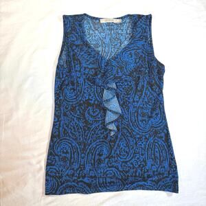The Limited women’s v-neck sleeveless top. Blue/black with ruffle front. Size S
